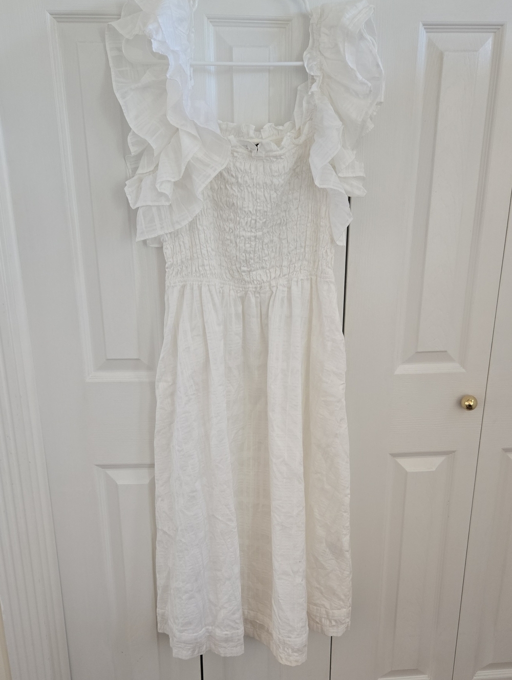 Banana Republic White Ruffle Shoulder Smocked Cotton Dress